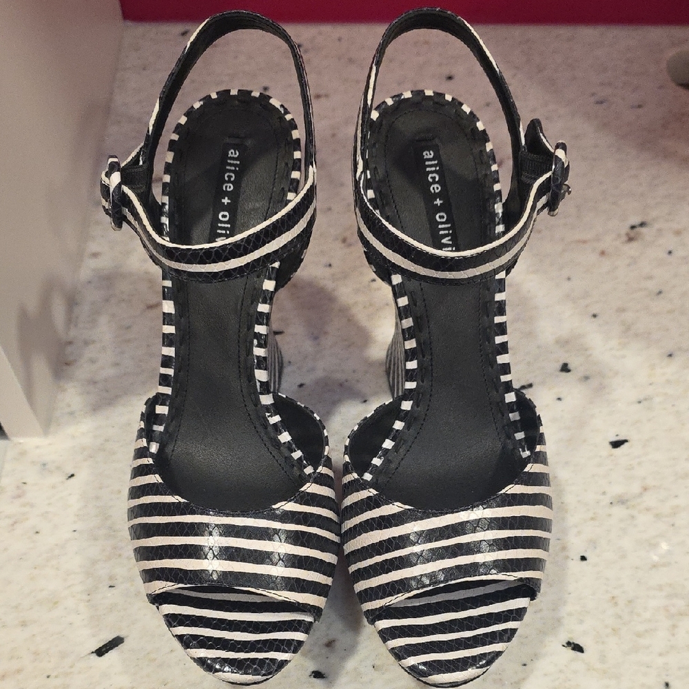 Alice + Olivia Striped Black and White Heels